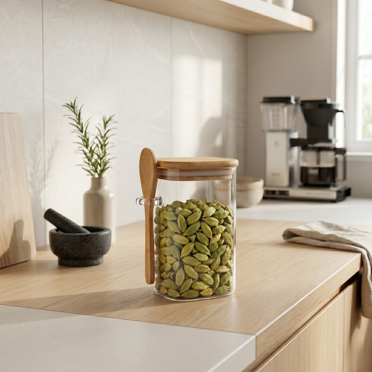 StacPro Airtight Square Glass Spice Jar with Bamboo Lid & Spoon – 500ml | Moisture-Proof, Stackable