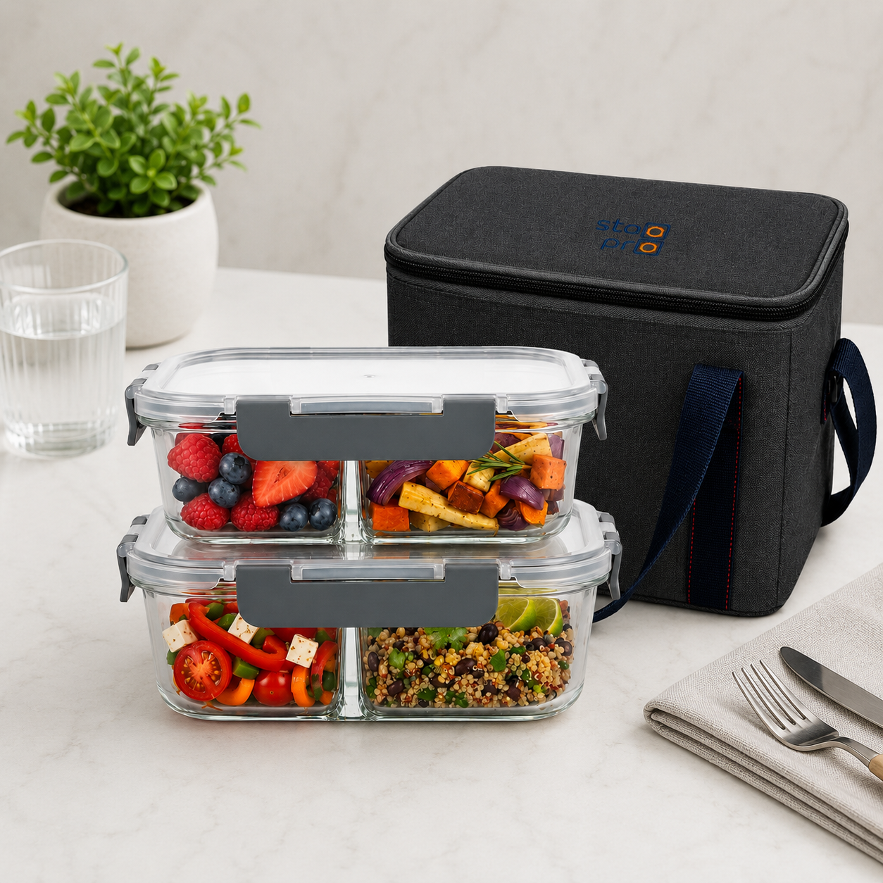 StacPro 2-Compartment Borosilicate Glass Lunch Box — Leakproof Internal Divider | Microwave Safe with Divider | One Box for Dal + Sabzi