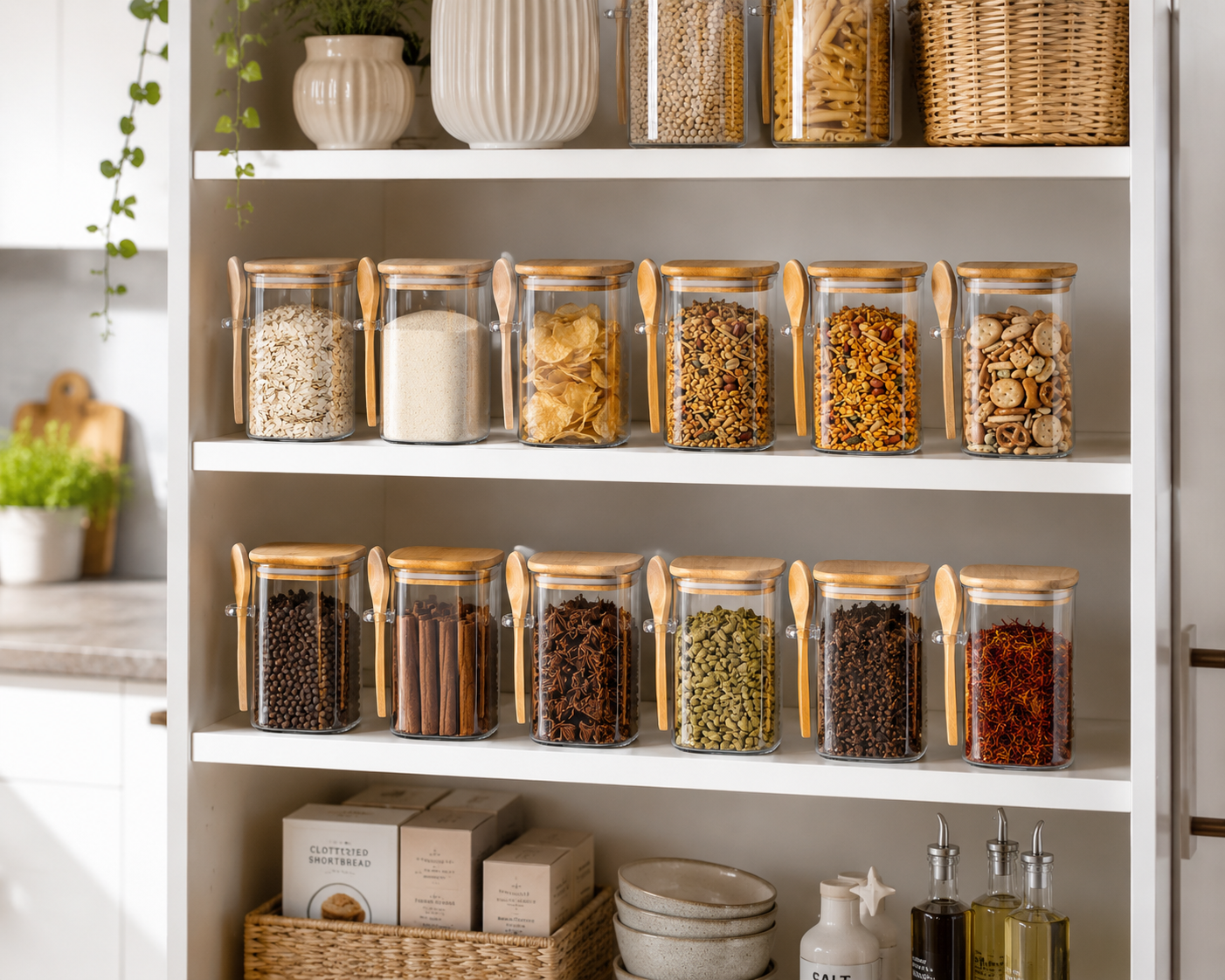 Square Airtight Glass Jar with Bamboo Lid & Spoon – 500ml