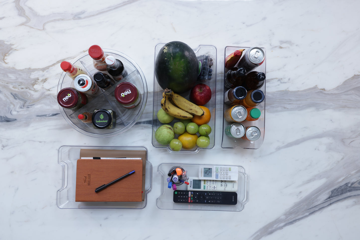 Clear Bins Bundle (3 pcs)- 1pc Large Bin, 1pc Bottle Bin, 1pc Lazy Susan