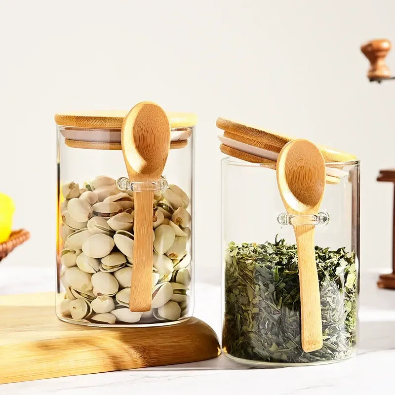 StacPro Airtight Round Glass Spice Jar with Bamboo Lid & Spoon – 850ml | Moisture-Proof, Stackable