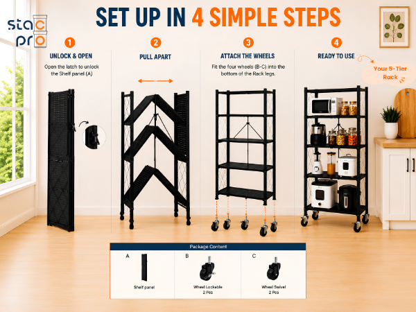 StacPro Collapsible Metal Storage Rack with Wheels | Multipurpose Heavy-Duty Shelf for Home, Kitchen & Office