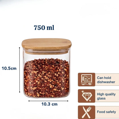 Square Airtight Glass Spice Jar with Bamboo Lid – 950ml