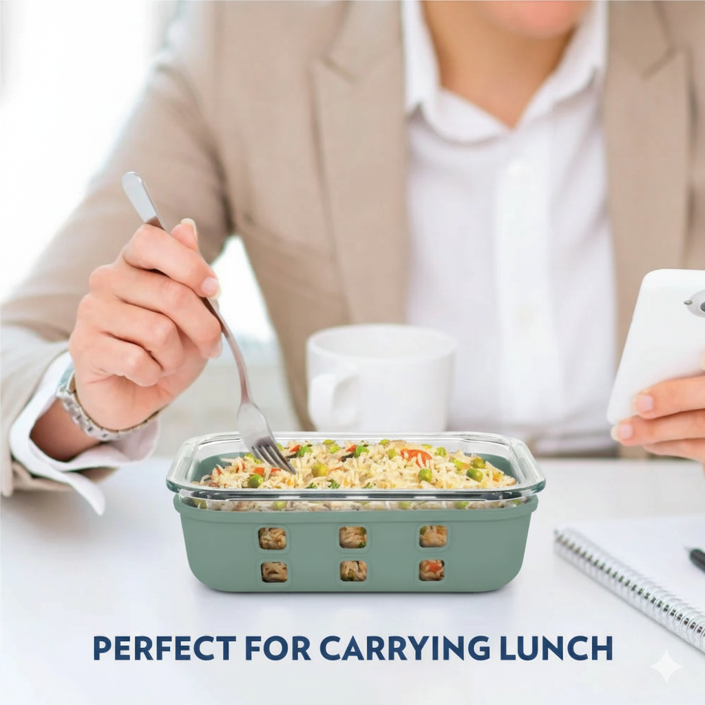 StacPro Griplok Borosilicate Glass Lunch Box – Forest Green | Leakproof Lid & Silicone Sleeve