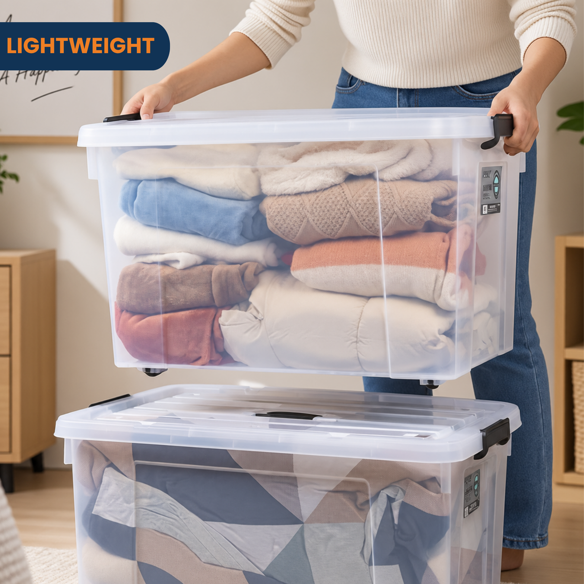 StacPro Heavy-Duty Rolling Storage Box — 70L | Clear View, Stackable, Smooth-Roll Wheels