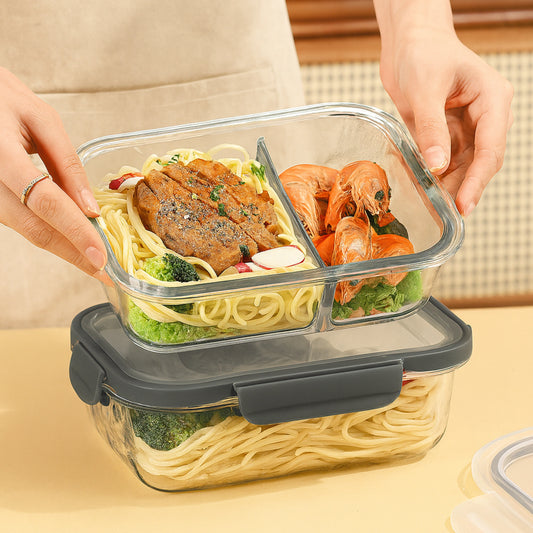 Borosilicate Glass Lunch Box with 2 Compartments & Leak-Proof 4-Side Lock Lid