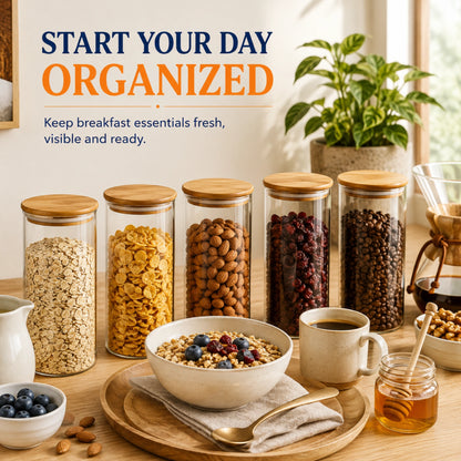 StacPro Airtight Round Glass Spice Jar with Bamboo Lid – 1500ml | Moisture-Proof, Stackable