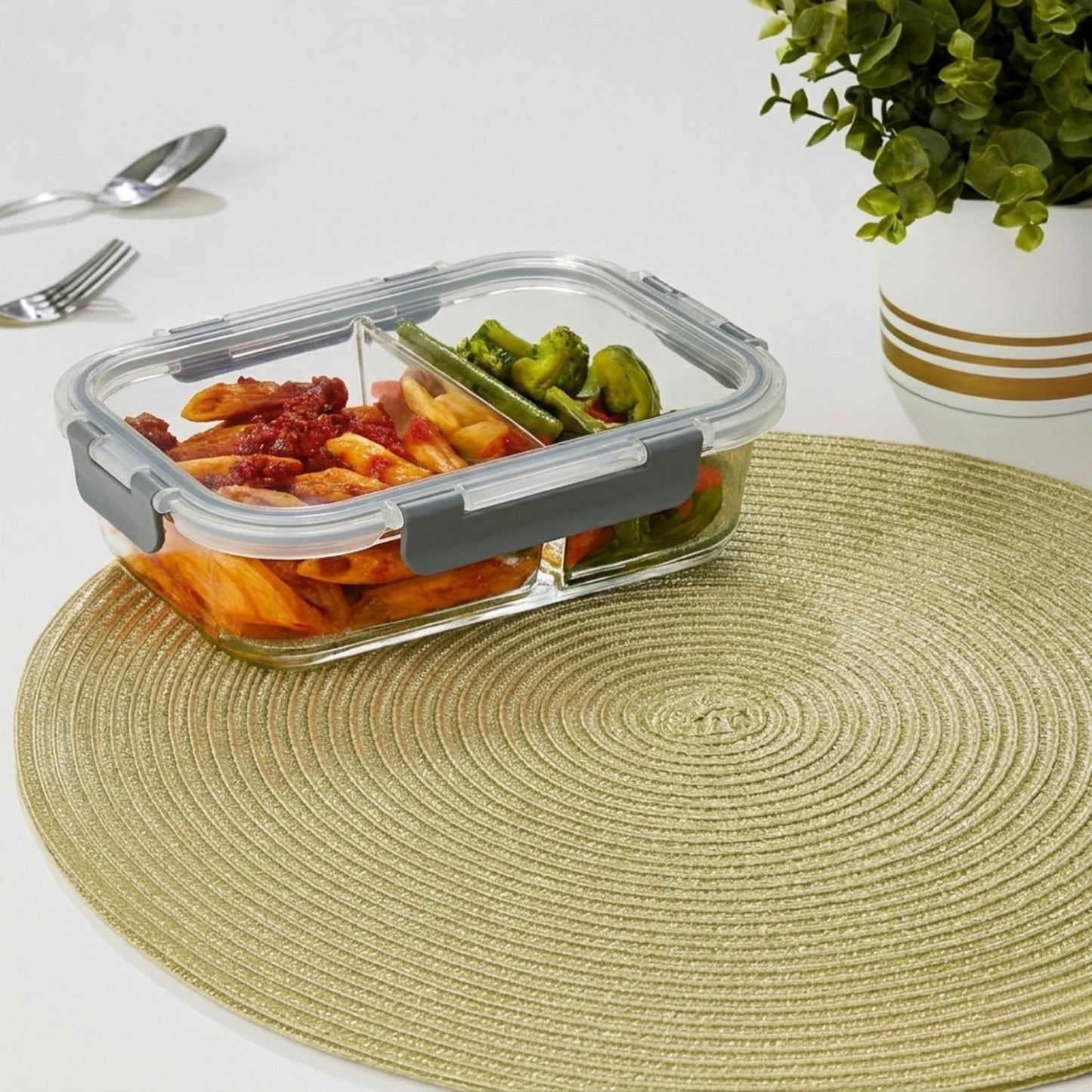 Borosilicate Glass Lunch Box with 2 Compartments & Leak-Proof 4-Side Lock Lid