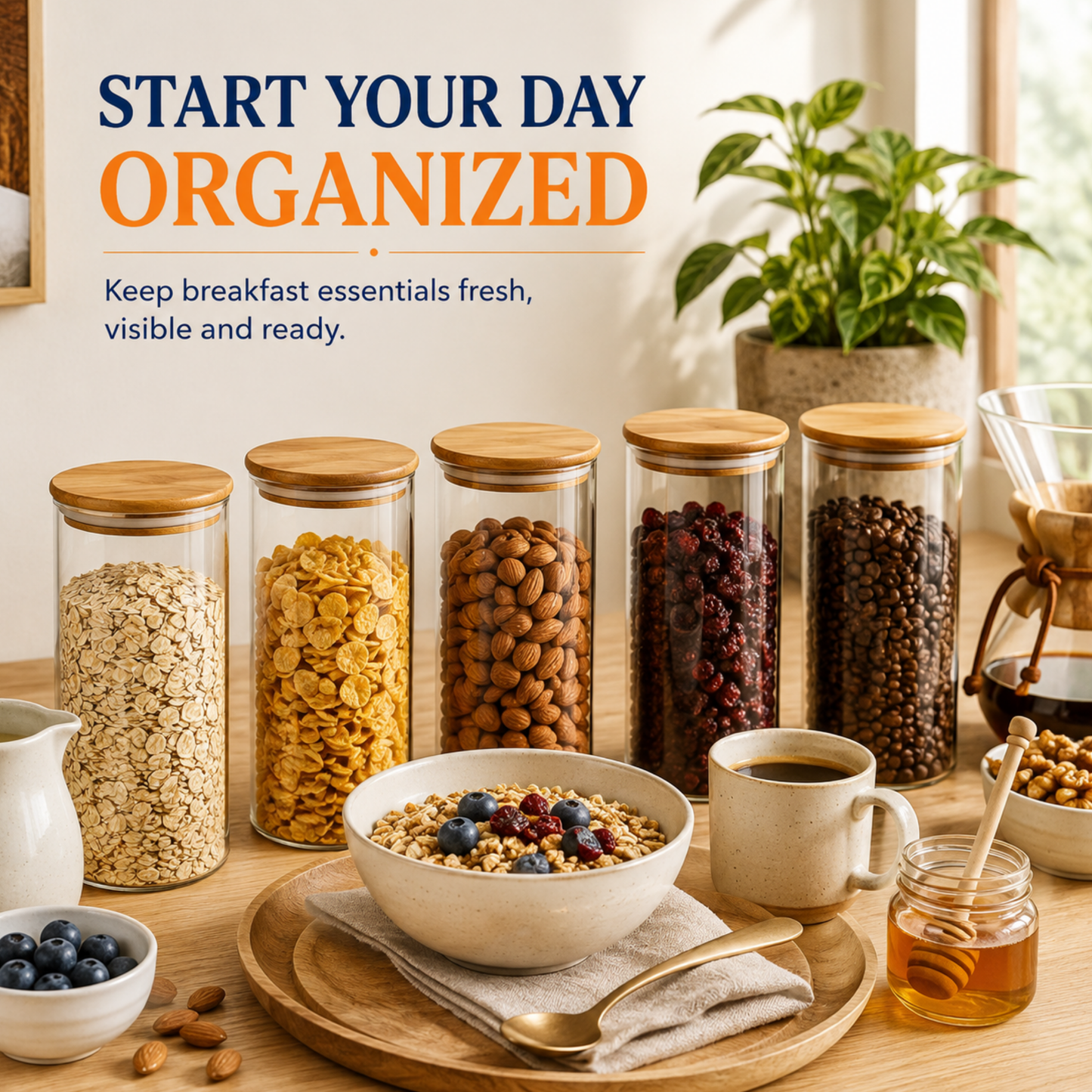 StacPro Airtight Round Glass Spice Jar with Bamboo Lid – 1500ml | Moisture-Proof, Stackable