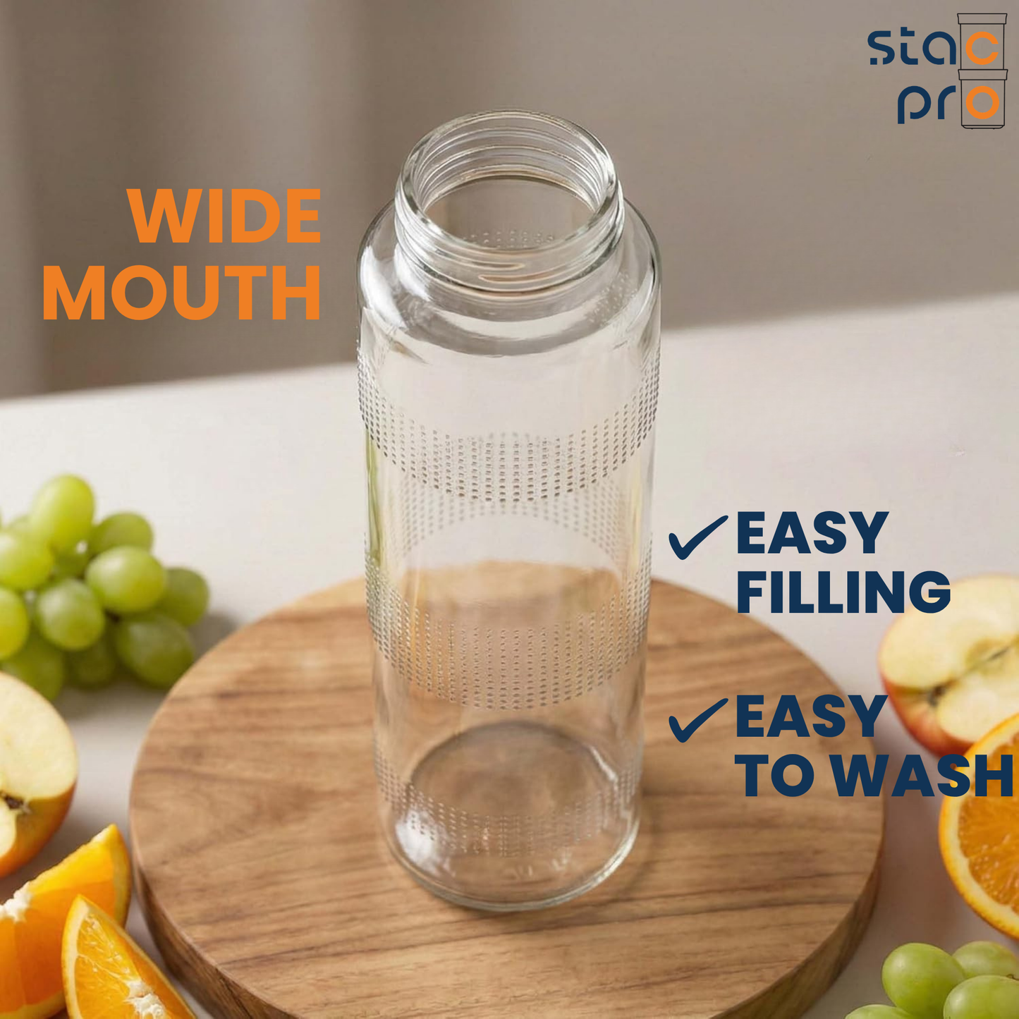 StacPro Glass Water Bottle — Texture, 750ml | BPA-Free, Leakproof | Sports & Office Hydration Bottle