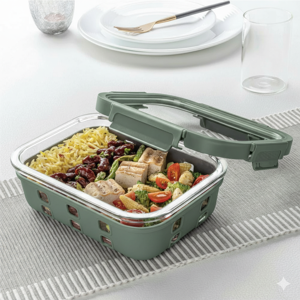 StacPro Griplok Borosilicate Glass Lunch Box – Forest Green | Leakproof Lid & Silicone Sleeve