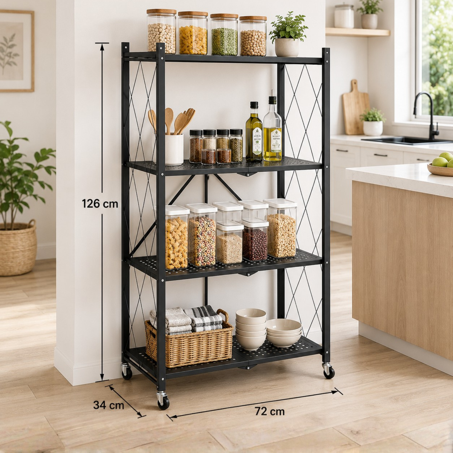 StacPro 4-Tier Collapsible Metal Storage Rack with Wheels | Foldable Multipurpose Shelf for Home (Copy)