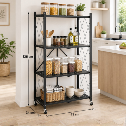 StacPro 4-Tier Collapsible Metal Storage Rack with Wheels | Foldable Multipurpose Shelf for Home (Copy)