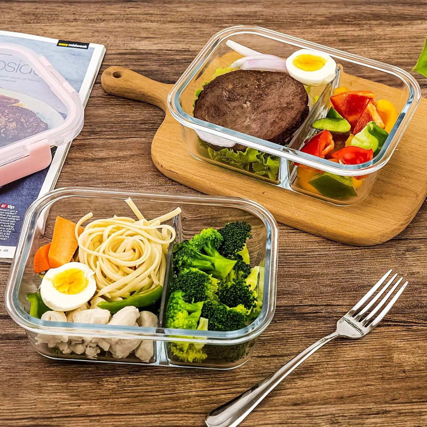Borosilicate Glass Lunch Box with 2 Compartments & Leak-Proof 4-Side Lock Lid