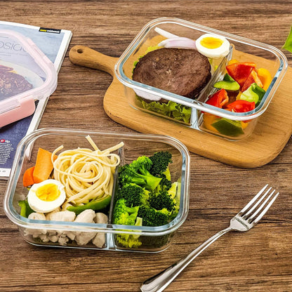 Borosilicate Glass Lunch Box with 2 Compartments & Leak-Proof 4-Side Lock Lid
