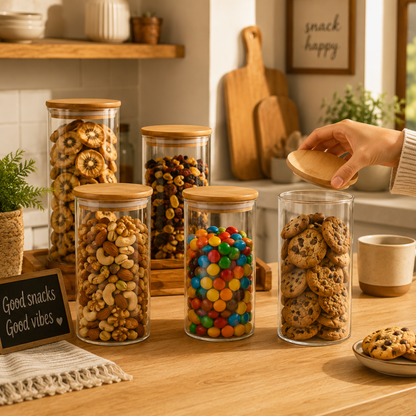 StacPro Airtight Round Glass Spice Jar with Bamboo Lid – 1500ml | Moisture-Proof, Stackable