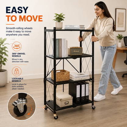 StacPro 4-Tier Collapsible Metal Storage Rack with Wheels | Foldable Multipurpose Shelf for Home (Copy)