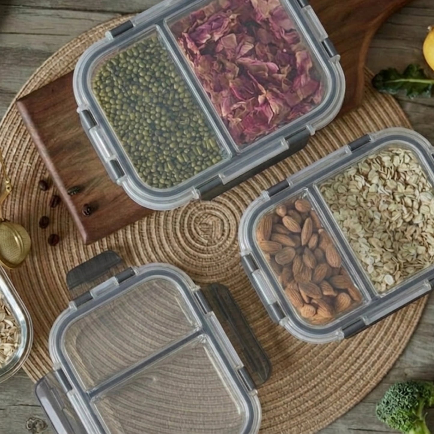 Borosilicate Glass Lunch Box with 2 Compartments & Leak-Proof 4-Side Lock Lid