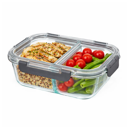 Borosilicate Glass Lunch Box with 2 Compartments & Leak-Proof 4-Side Lock Lid