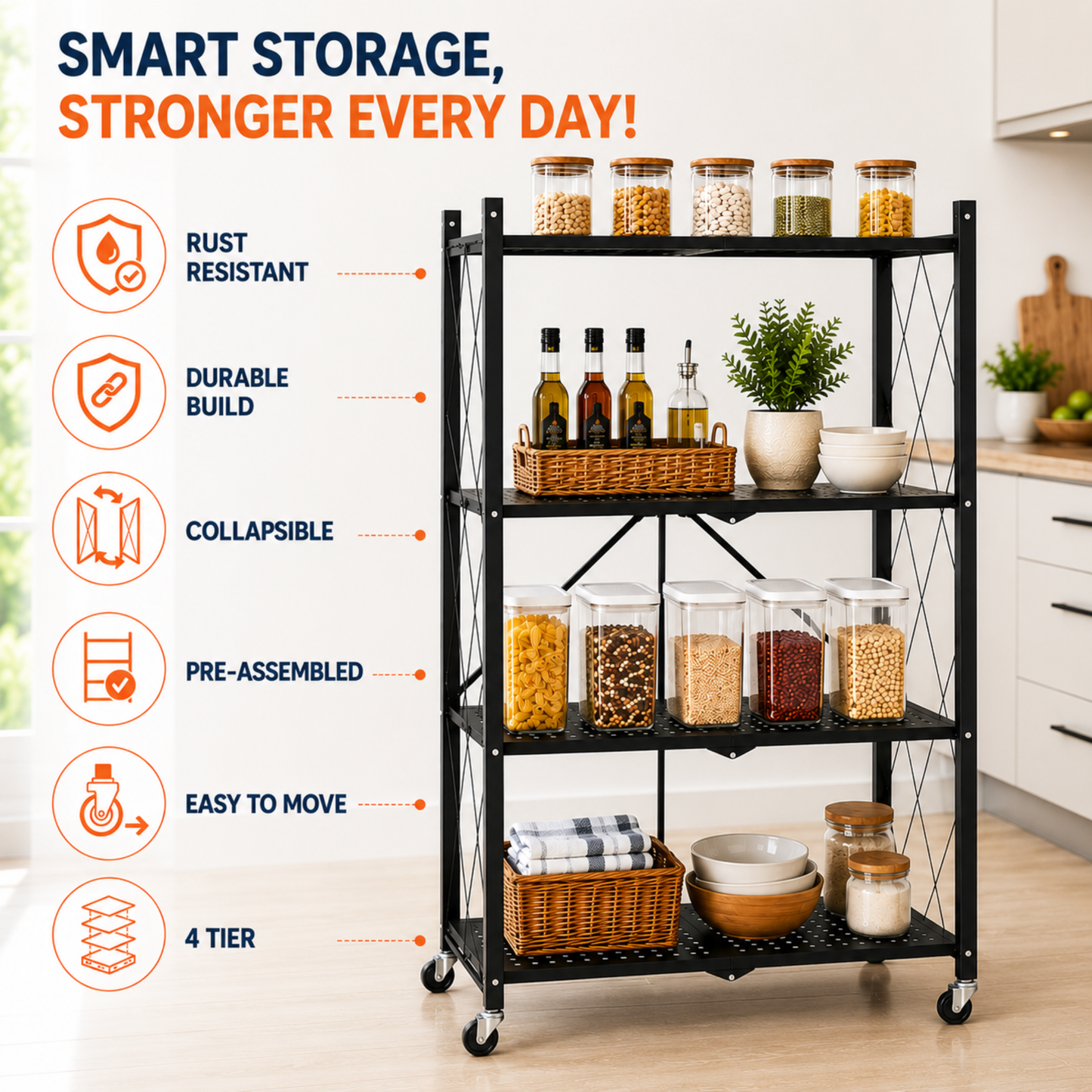 StacPro 4-Tier Collapsible Metal Storage Rack with Wheels | Foldable Multipurpose Shelf for Home (Copy)