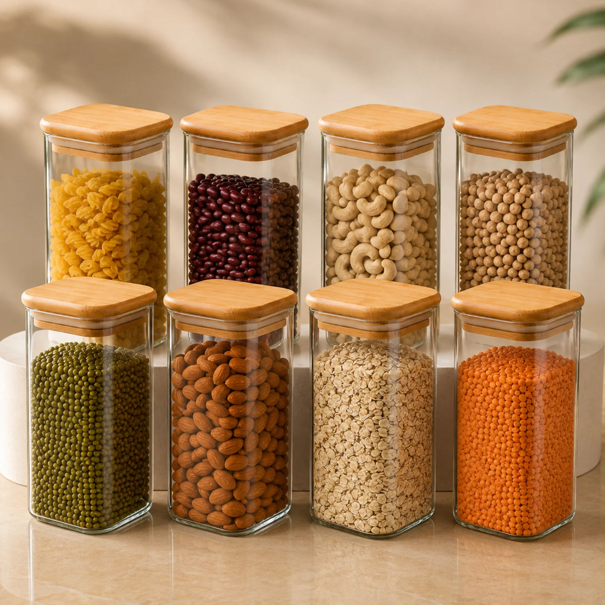 StacPro Airtight Square Glass Spice Jar with Bamboo Lid – 1500ml | Moisture-Proof, Stackable