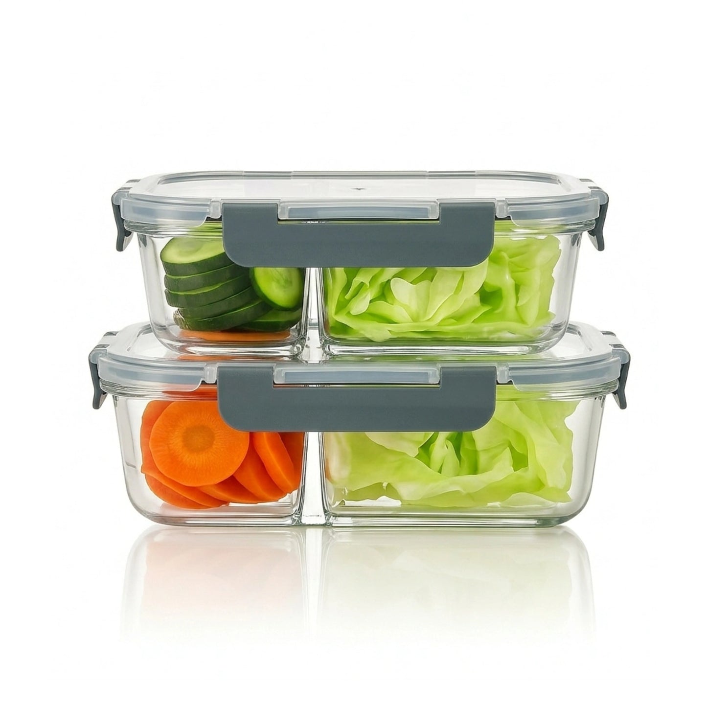 Borosilicate Glass Lunch Box with 2 Compartments & Leak-Proof 4-Side Lock Lid