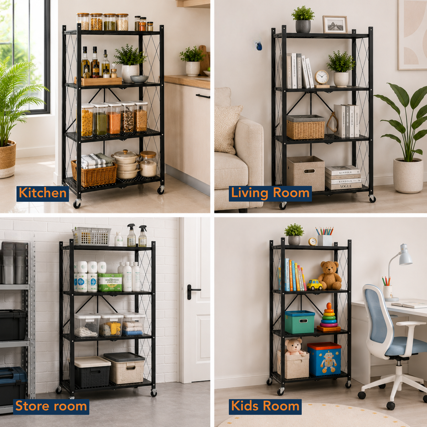 StacPro 4-Tier Collapsible Metal Storage Rack with Wheels | Foldable Multipurpose Shelf for Home (Copy)