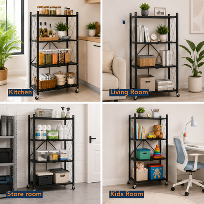 StacPro 4-Tier Collapsible Metal Storage Rack with Wheels | Foldable Multipurpose Shelf for Home (Copy)