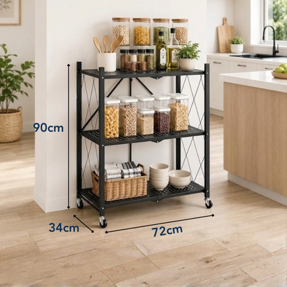 StacPro 3-Tier Collapsible Metal Storage Rack with Wheels | Foldable Multipurpose Shelf for Home