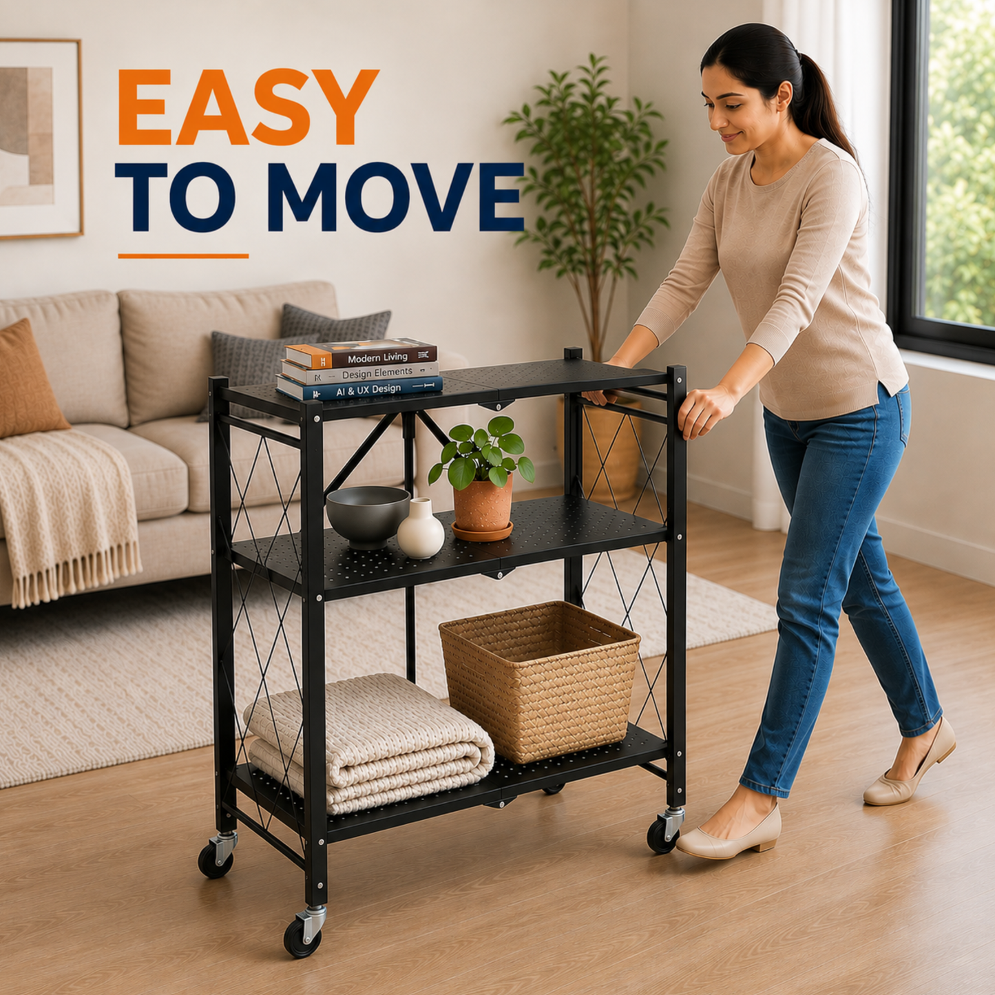 StacPro 3-Tier Collapsible Metal Storage Rack with Wheels | Foldable Multipurpose Shelf for Home