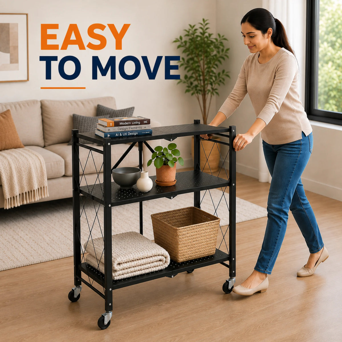 StacPro Collapsible Metal Storage Rack with Wheels | Multipurpose Heavy-Duty Shelf for Home, Kitchen & Office