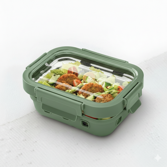 Borosilicated Glass Lunchbox with Antislip Silicone Cover and 4-Side Lock Lid- Forest Green