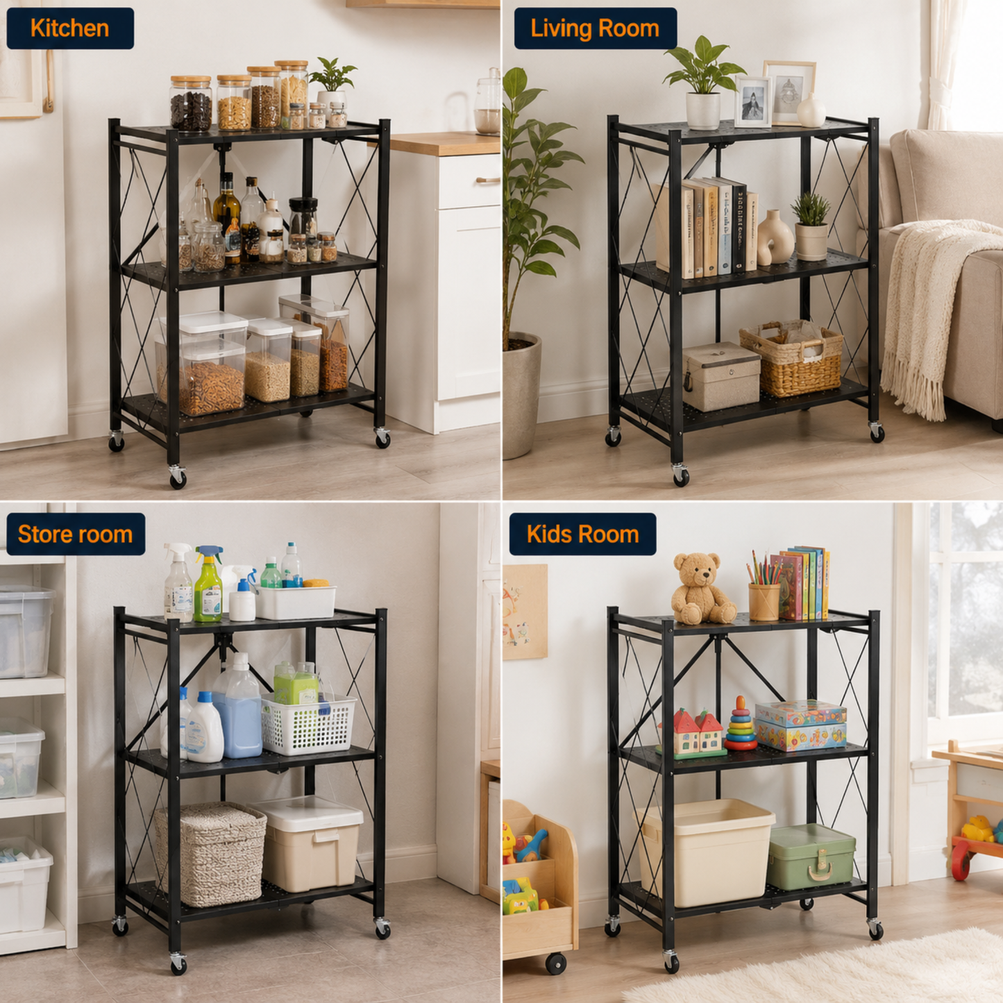 StacPro 3-Tier Collapsible Metal Storage Rack with Wheels | Foldable Multipurpose Shelf for Home