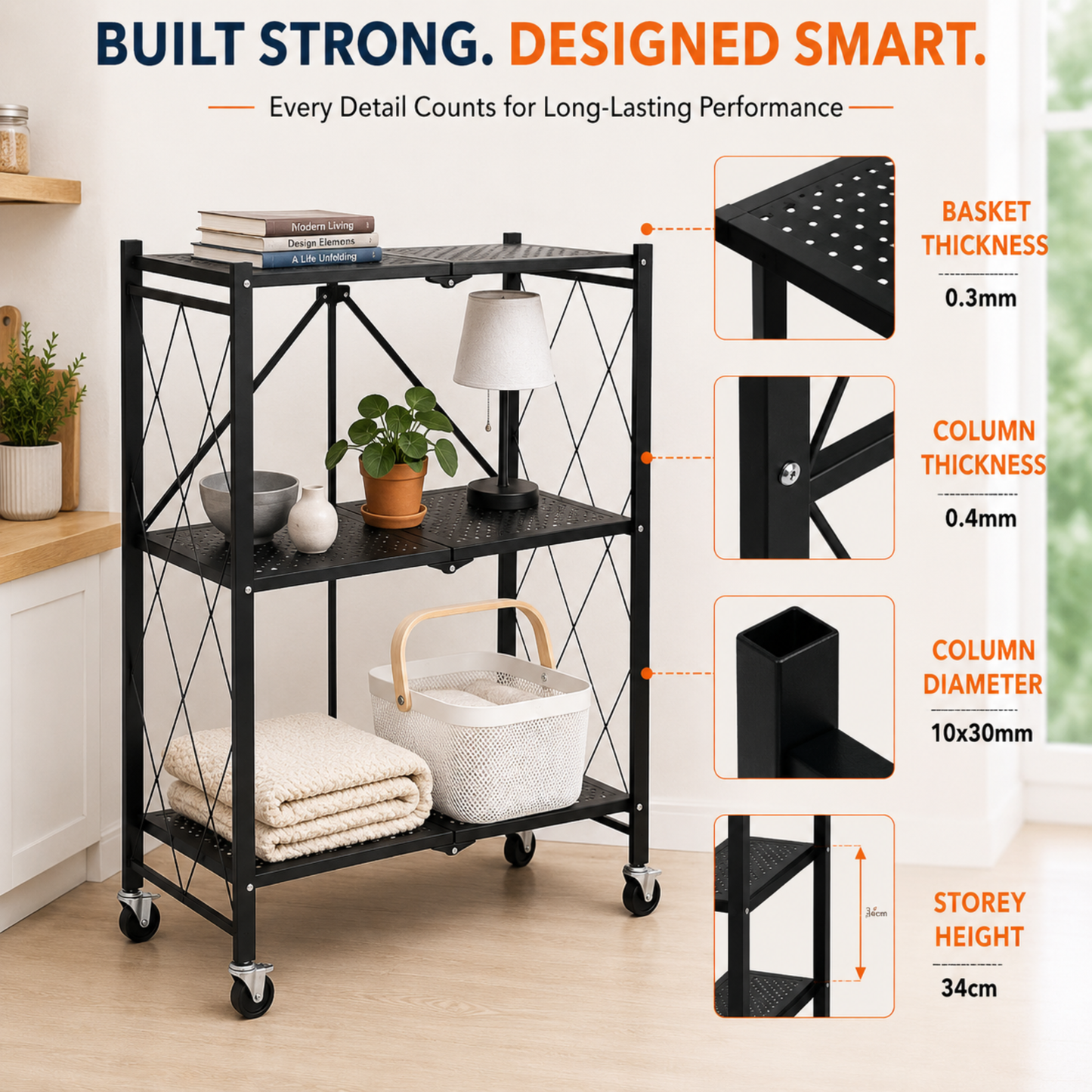 StacPro 3-Tier Collapsible Metal Storage Rack with Wheels | Foldable Multipurpose Shelf for Home