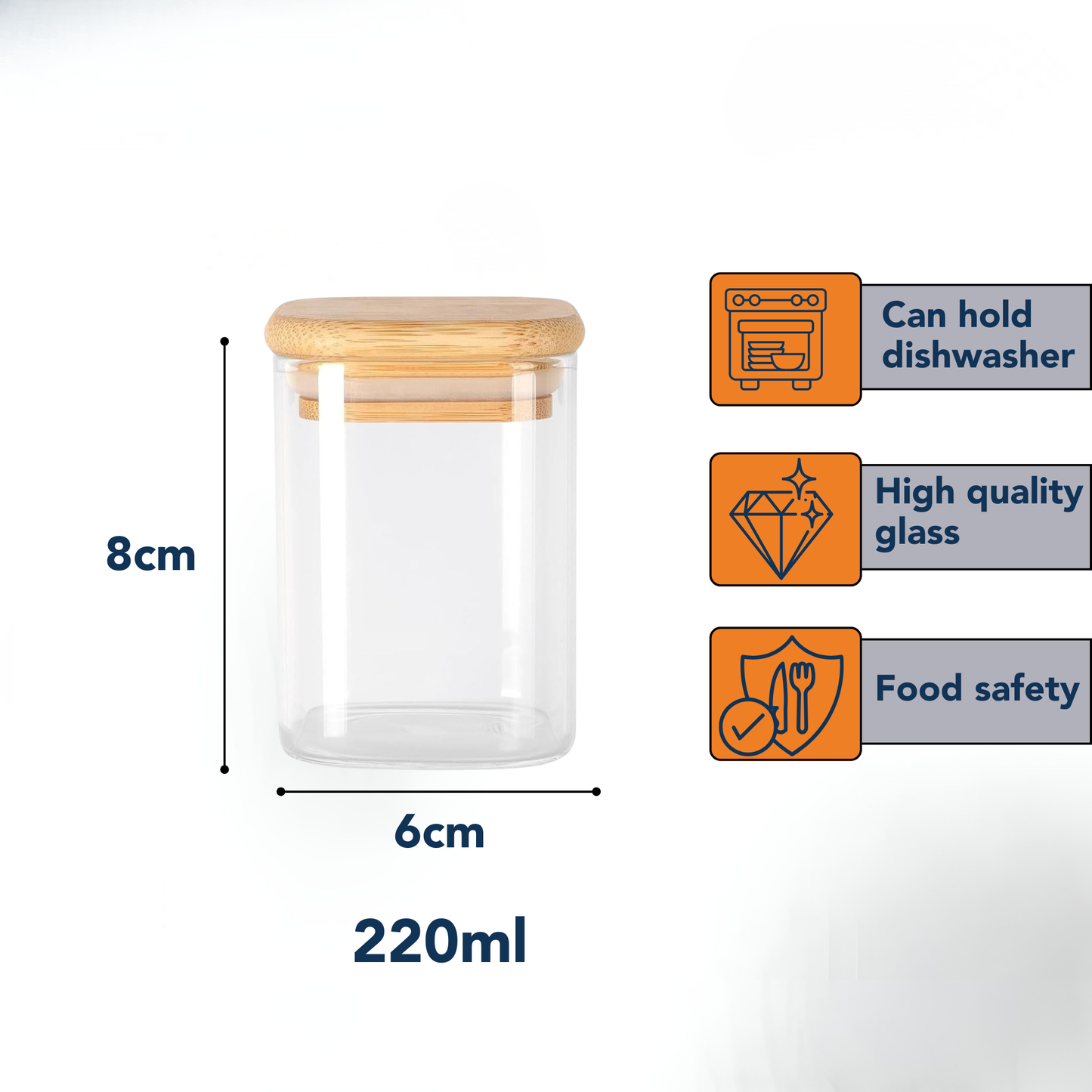 Square Airtight Glass Spice Jar with Bamboo Lid – 220ml