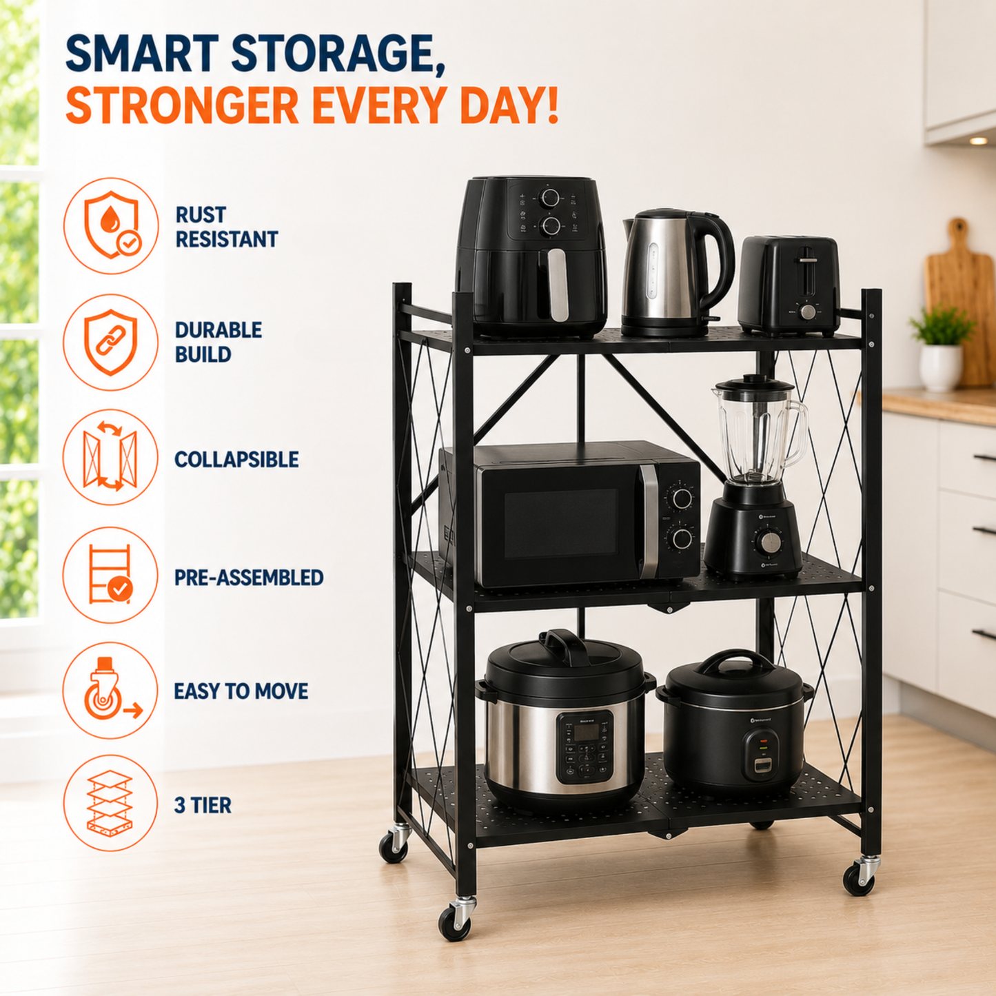 StacPro 3-Tier Collapsible Metal Storage Rack with Wheels | Foldable Multipurpose Shelf for Home