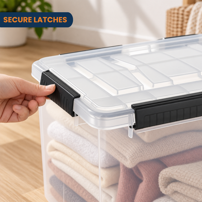 StacPro Waterproof Clear Storage Box — 52L | Secure Locking Lid, Heavy-Duty | Dustproof & Waterproof for Home, Garage & Monsoon Storage