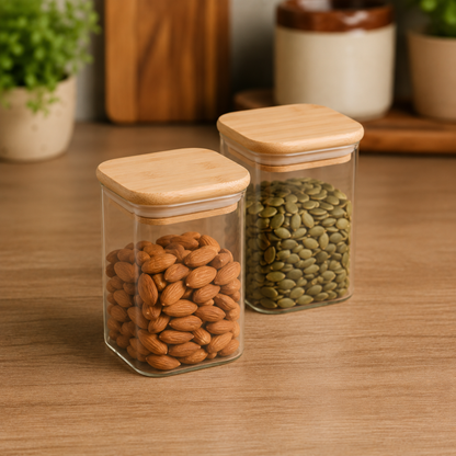 StacPro Airtight Square Glass Spice Jar with Bamboo Lid – 280ml | Moisture-Proof, Stackable