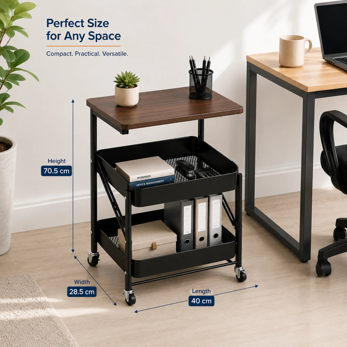 StacPro Heavy-Duty Metal Storage Trolley with Wooden Top — Multipurpose cart | Strong, Spacious & Easy to Organise