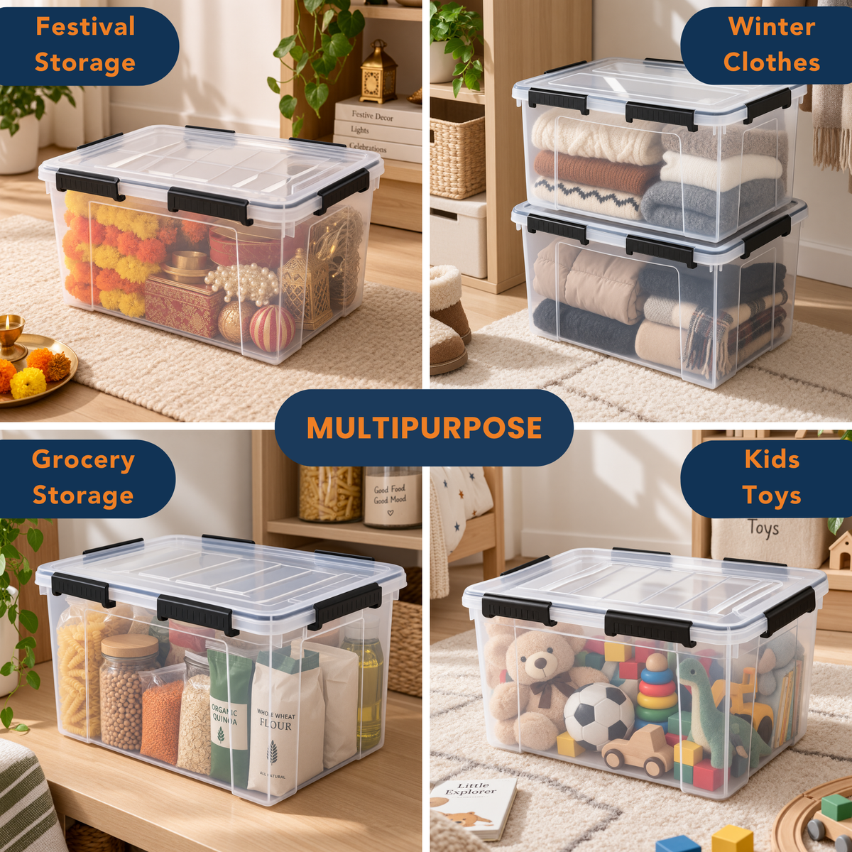 StacPro Waterproof Clear Storage Box — 52L | Secure Locking Lid, Heavy-Duty | Dustproof & Waterproof for Home, Garage & Monsoon Storage
