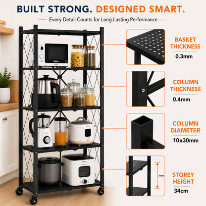 StacPro Collapsible Metal Storage Rack with Wheels | Multipurpose Heavy-Duty Shelf for Home, Kitchen & Office