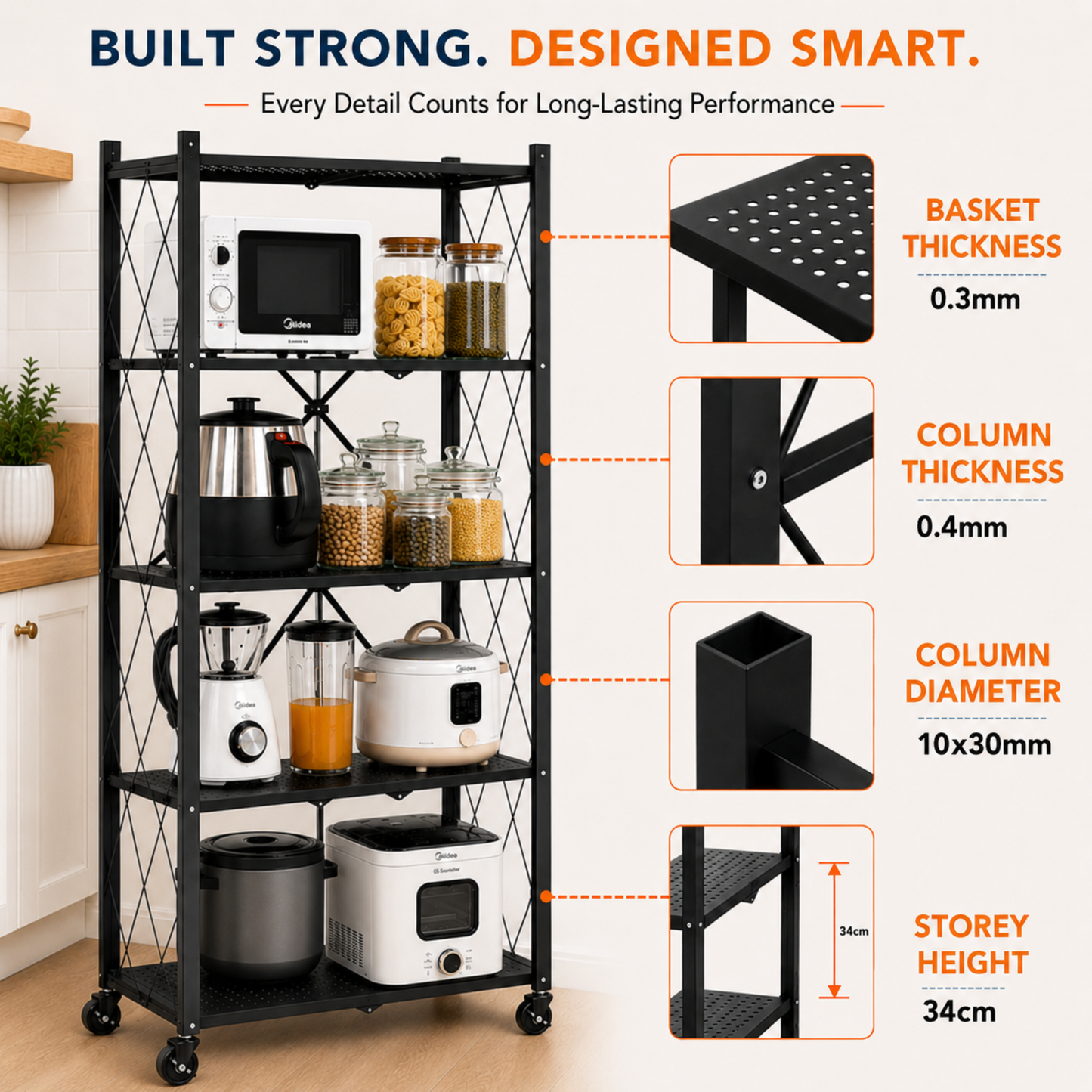 StacPro Collapsible Metal Storage Rack with Wheels | Multipurpose Heavy-Duty Shelf for Home, Kitchen & Office