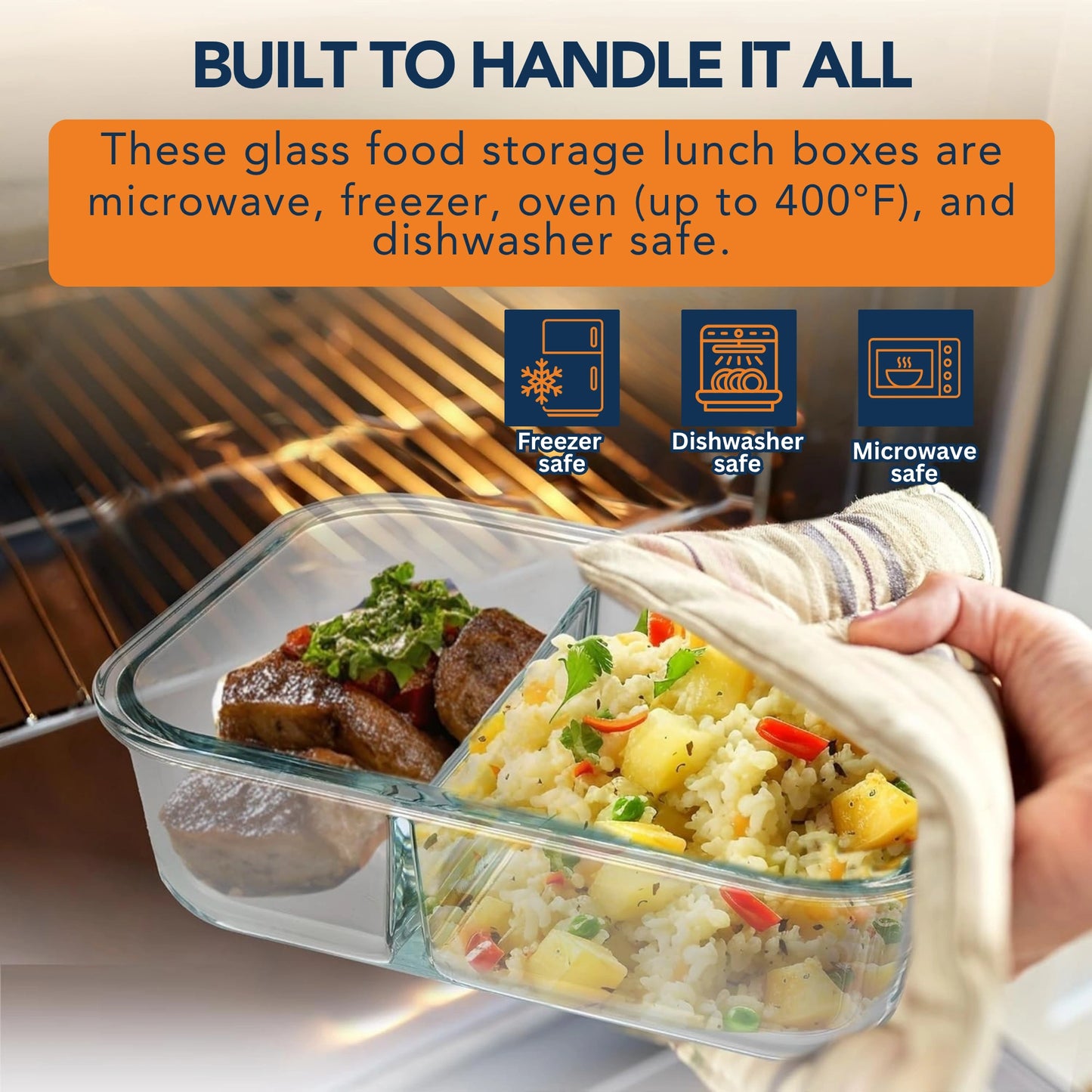 Borosilicate Glass Lunch Box with 2 Compartments & Leak-Proof 4-Side Lock Lid
