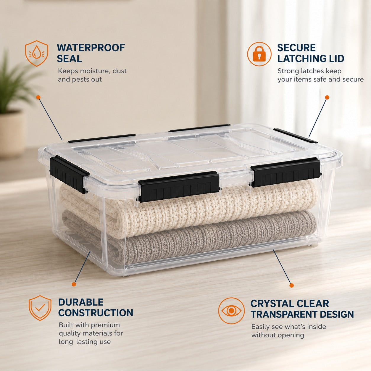 StacPro Waterproof Clear Storage Box — 32L | Secure Locking Lid, Heavy-Duty | Dustproof & Waterproof for Home, Garage & Monsoon Storage