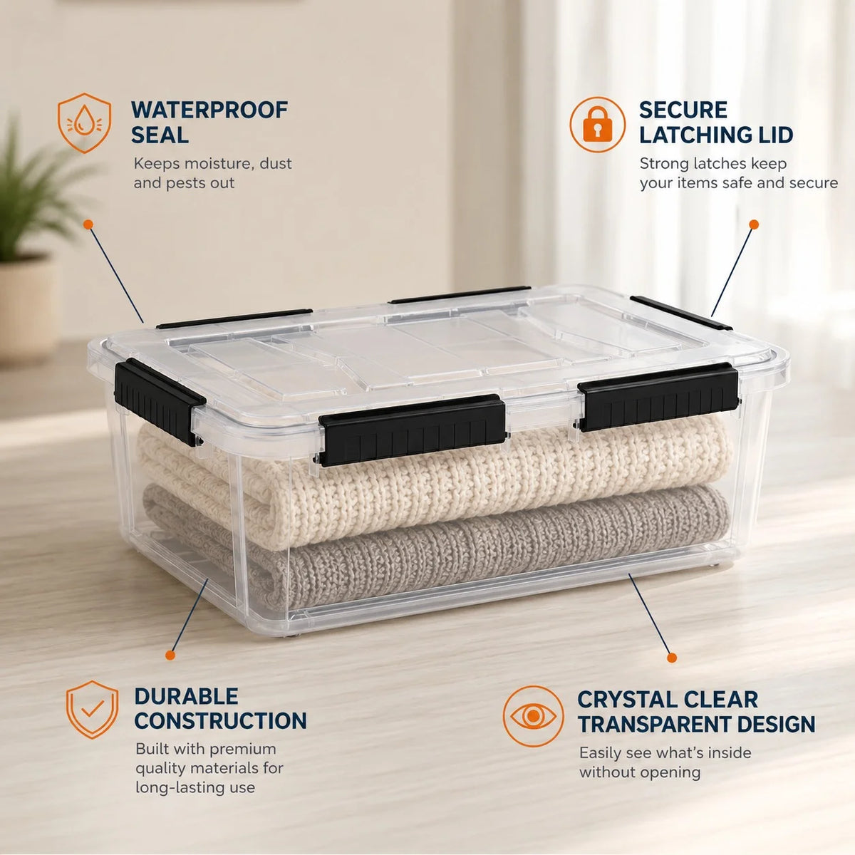 StacPro Waterproof Clear Storage Box — 32L | Secure Locking Lid, Heavy-Duty | Dustproof & Waterproof for Home, Garage & Monsoon Storage