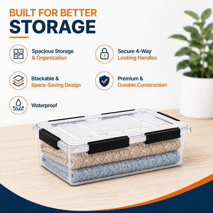StacPro Waterproof Clear Storage Box — 32L | Secure Locking Lid, Heavy-Duty | Dustproof & Waterproof for Home, Garage & Monsoon Storage