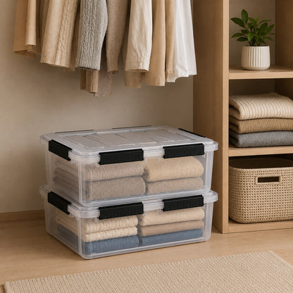StacPro Waterproof Clear Storage Box — 32L | Secure Locking Lid, Heavy-Duty | Dustproof & Waterproof for Home, Garage & Monsoon Storage