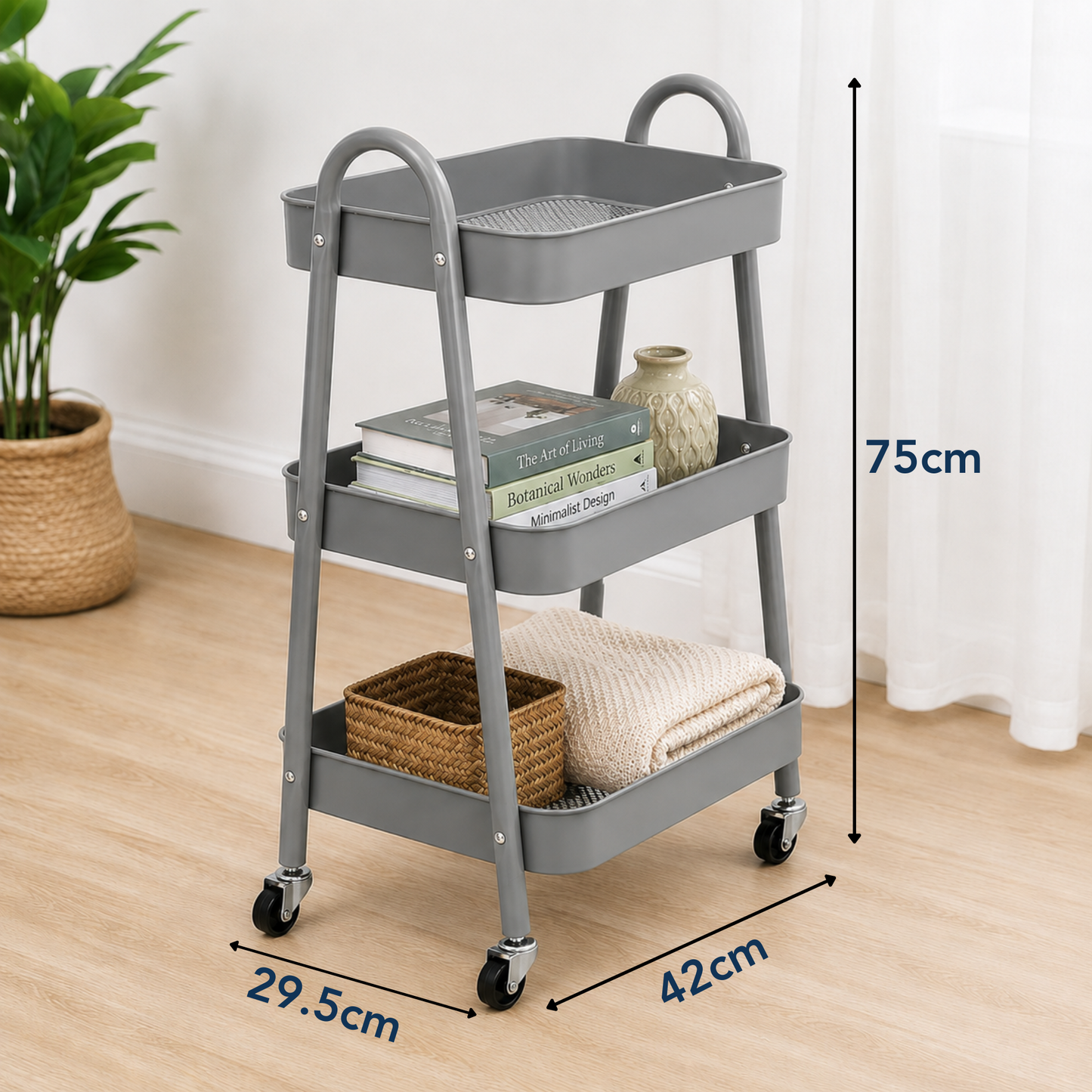 StacPro 3-Tier Metal Storage Trolley with Wheels | Grey Multipurpose Rolling Rack