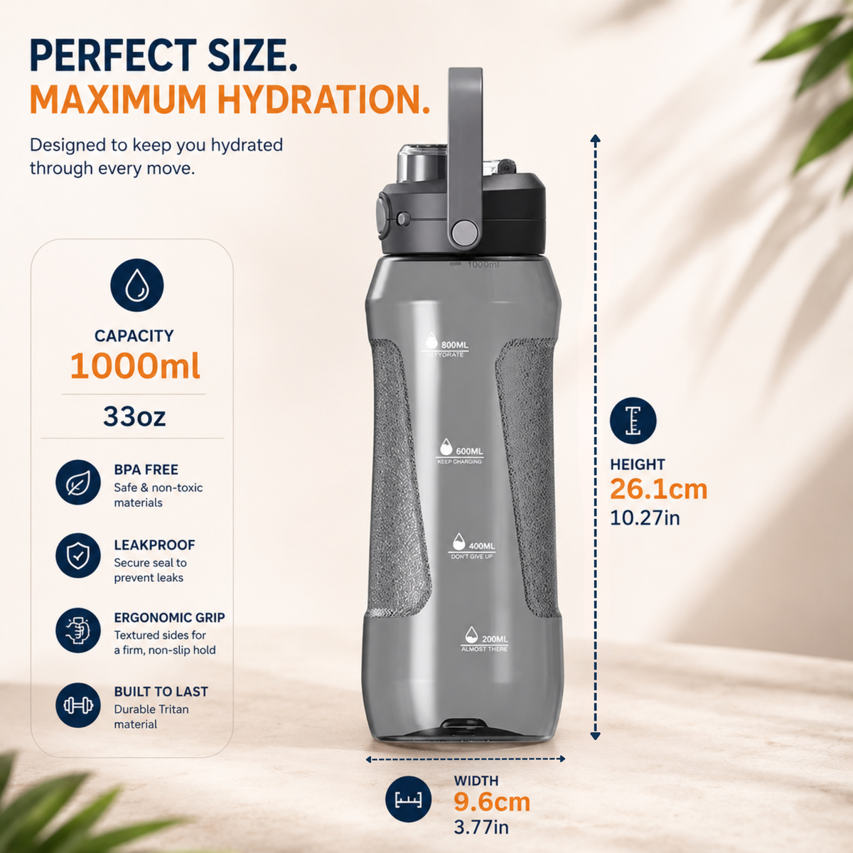 StacPro Tritan Water Bottle — 1000ml | BPA-Free, Leakproof | Sports & Office Hydration Bottle