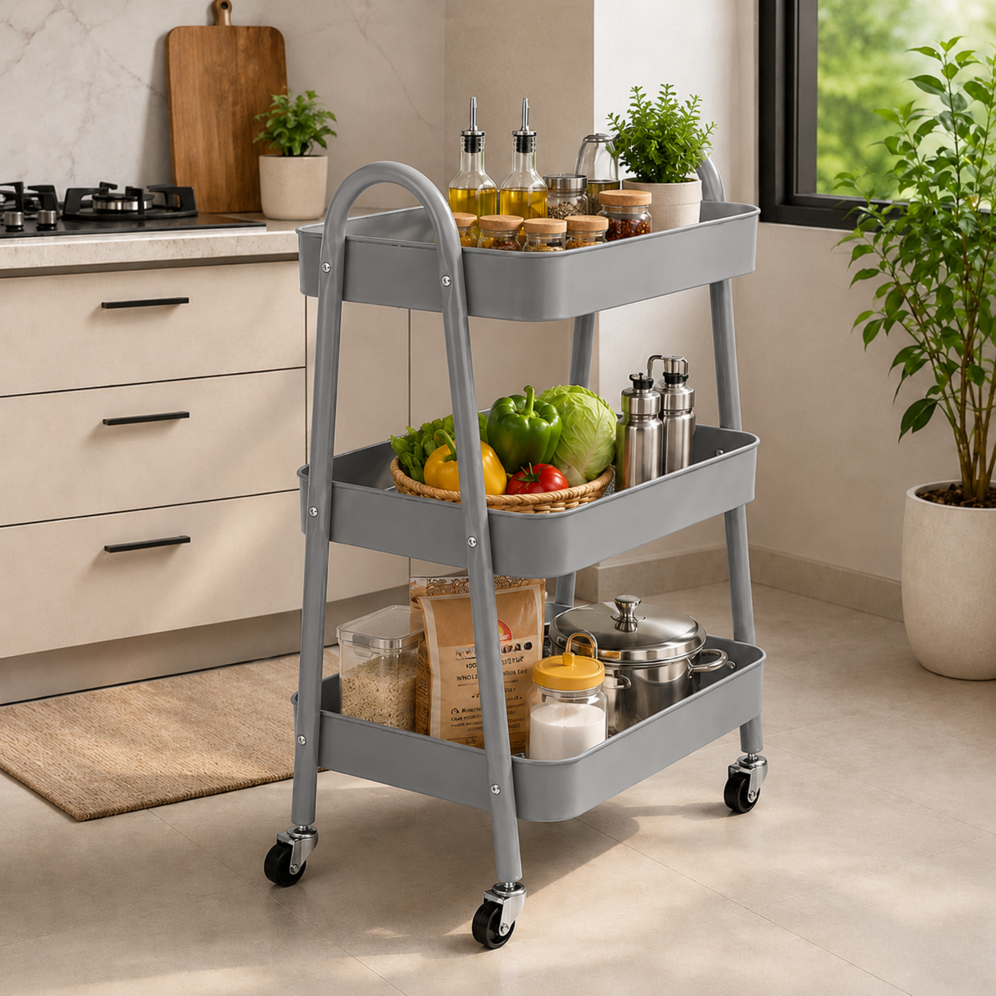StacPro 3-Tier Metal Storage Trolley with Wheels | Grey Multipurpose Rolling Rack